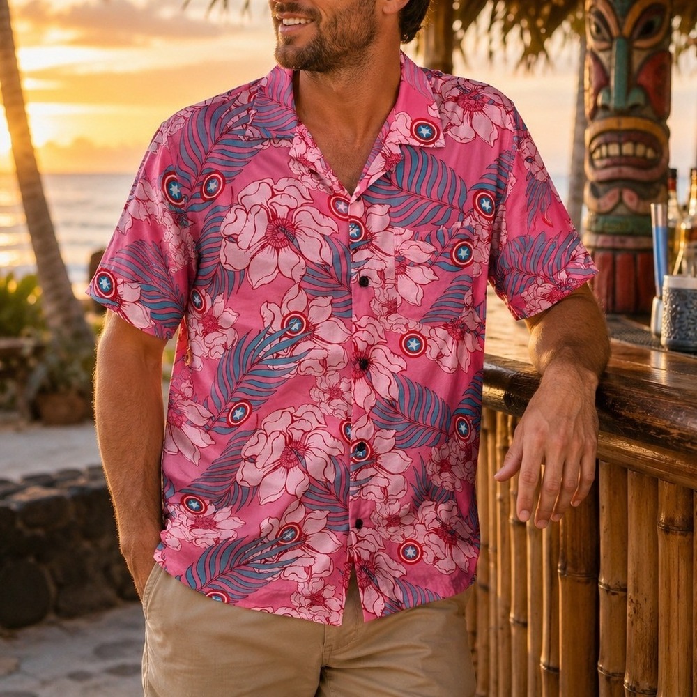 Marvel Captain America Hawaiian Shirt Pink Floral Tropical Button Up Medium